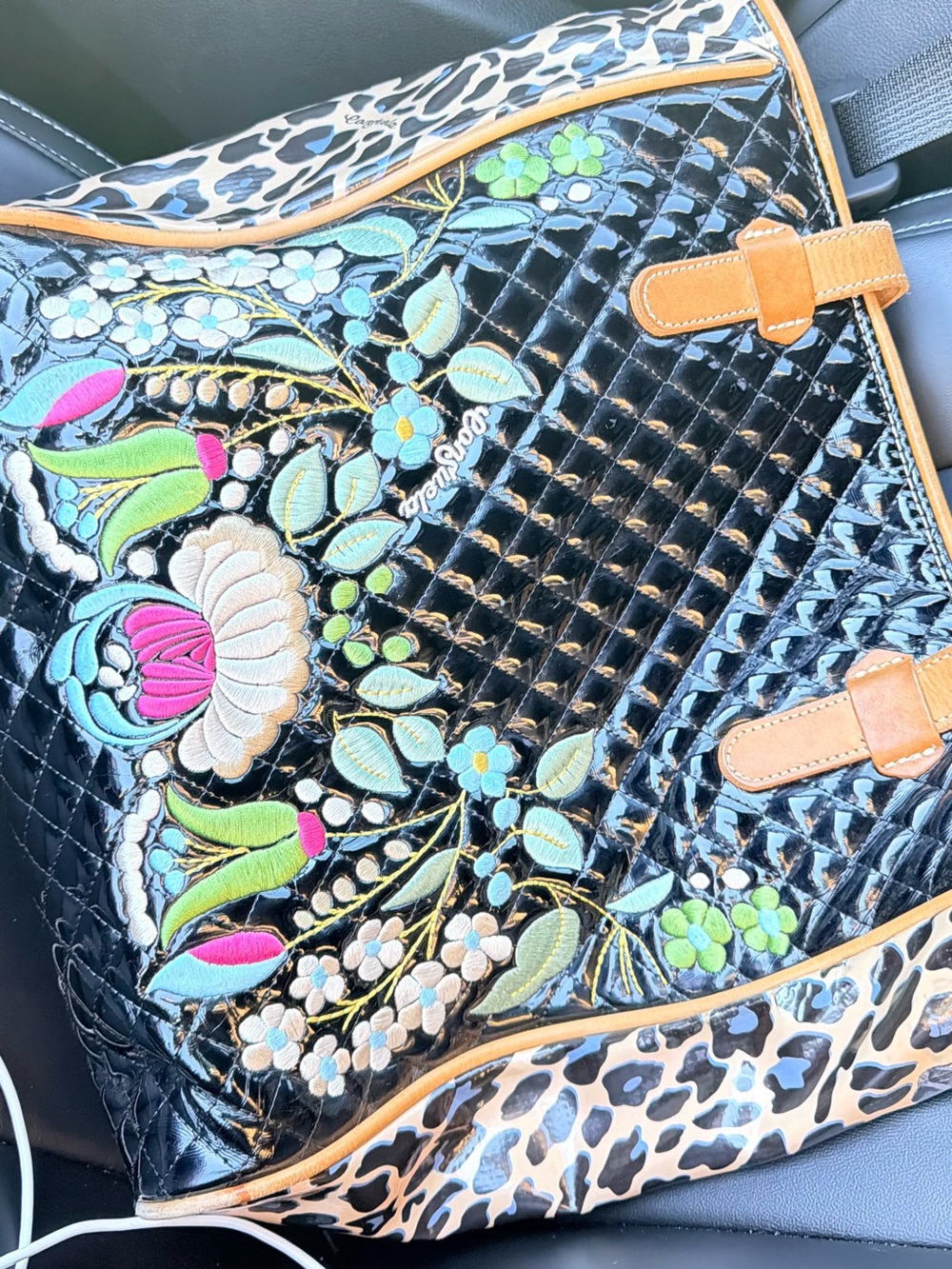 Consuela Black Quilted Floral Embroidered Tote with Tan Handles 14 inches tall - Picture 4 of 11